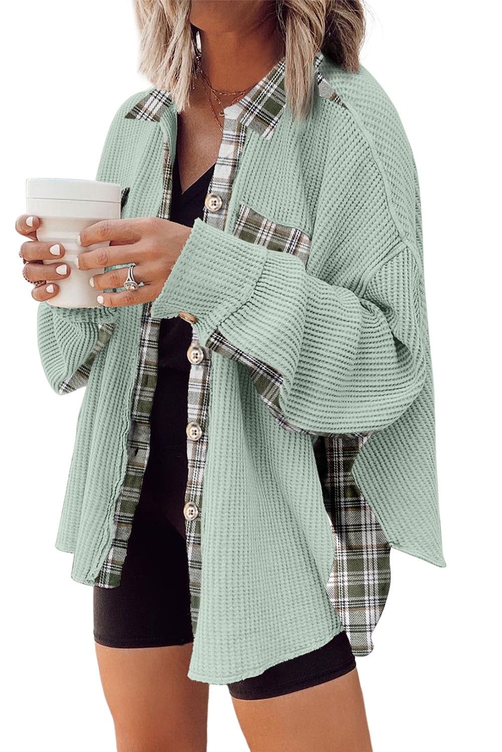 Grass Green Plaid Patchwork Waffle Thermal Knit Shacket