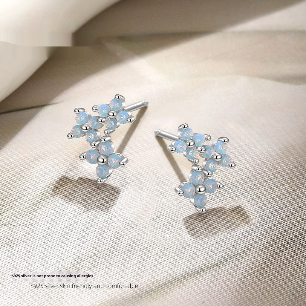 Blue Moonstone Flower Stud Earrings For Women
