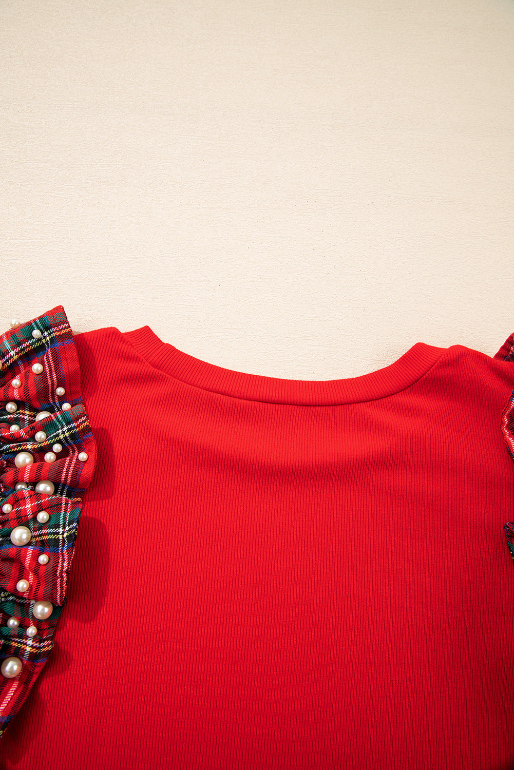 Racing Red Plaid Pearl Ruffle Short Sleeve Loose T Shirt