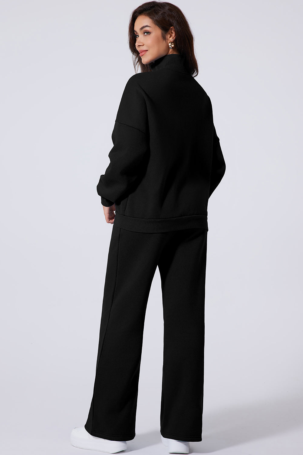 Black Drop Shoulder Zip Up Jacket Drawstring Pants Active 2pcs Set