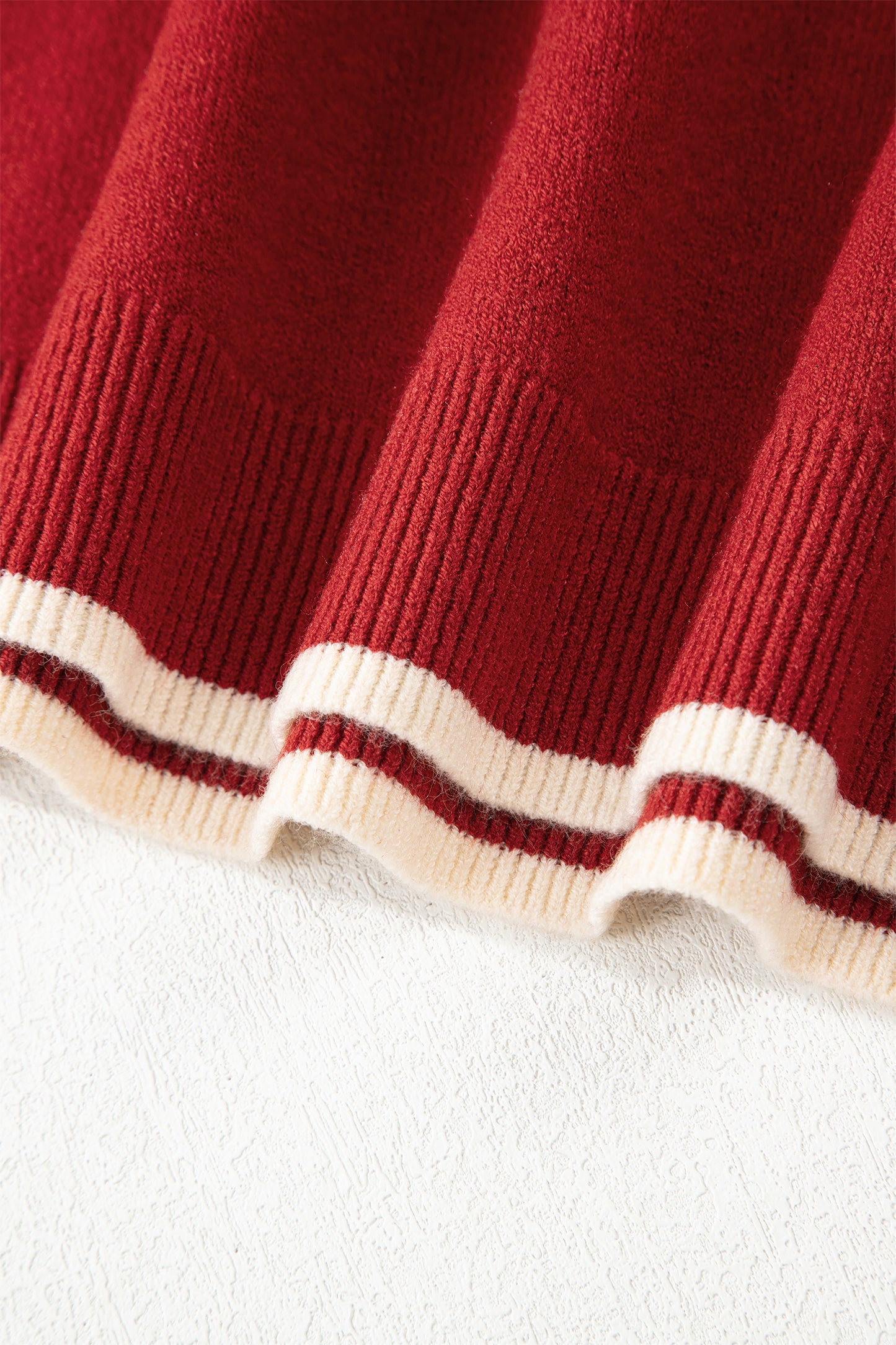 Racing Red Leopard Bow Decor Split Cuff Contrast Trim Sweater