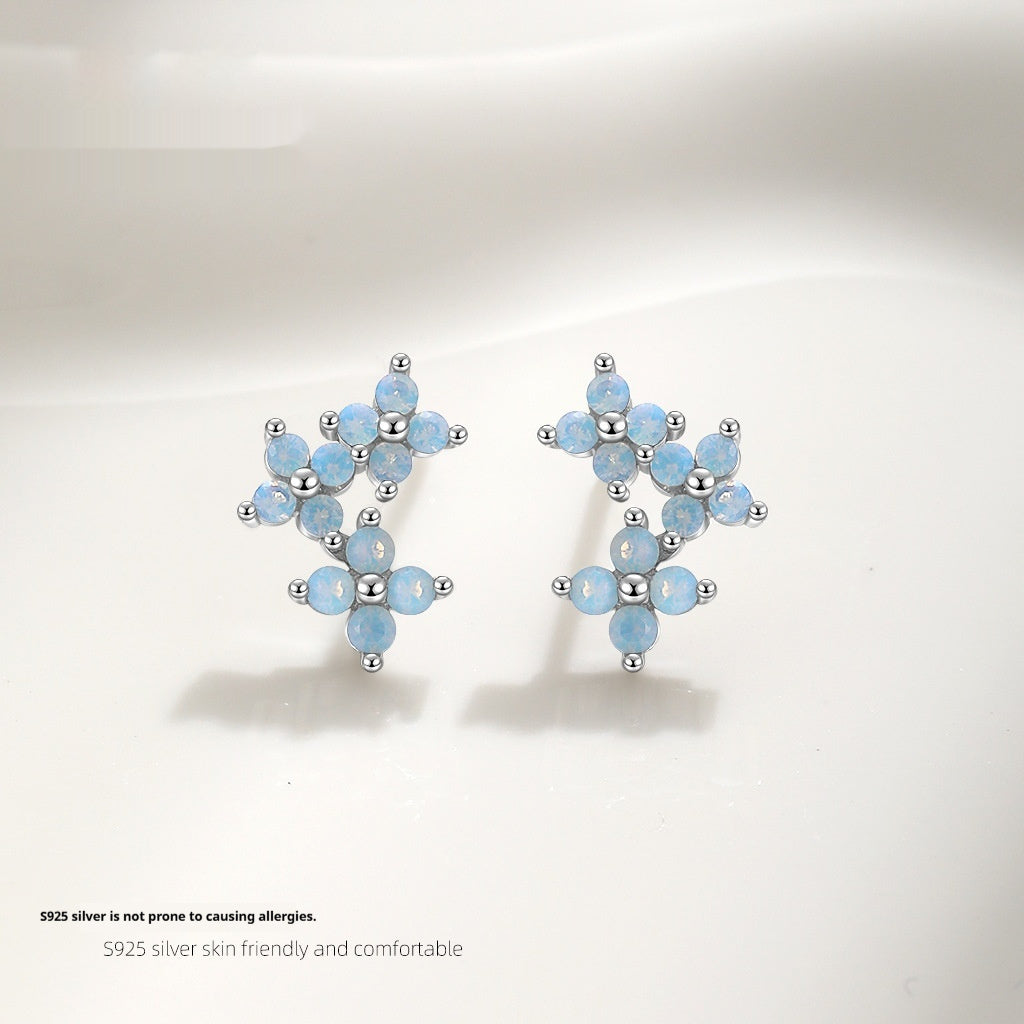 Blue Moonstone Flower Stud Earrings For Women