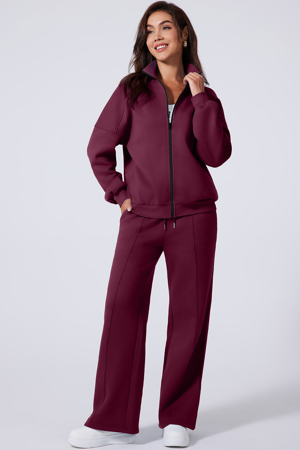 Burgundy Drop Shoulder Zip Up Jacket Drawstring Pants Active 2pcs Set