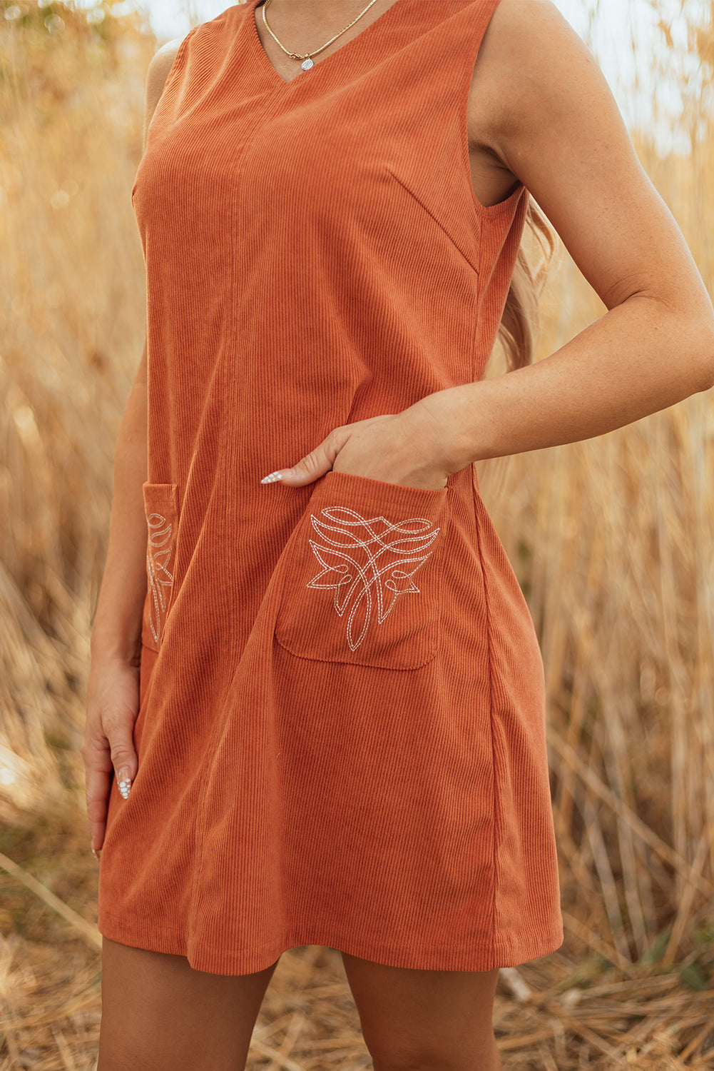 Gold Flame Corduroy Western Embroidered Patched Pocket Shift Sleeveless Mini Dress