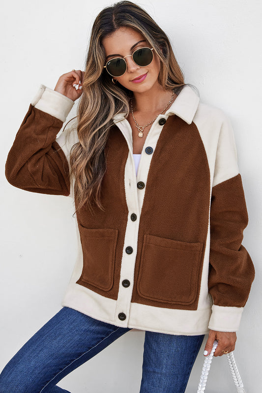 Brown Color Block Patchwork Button Down Fleece Shacket