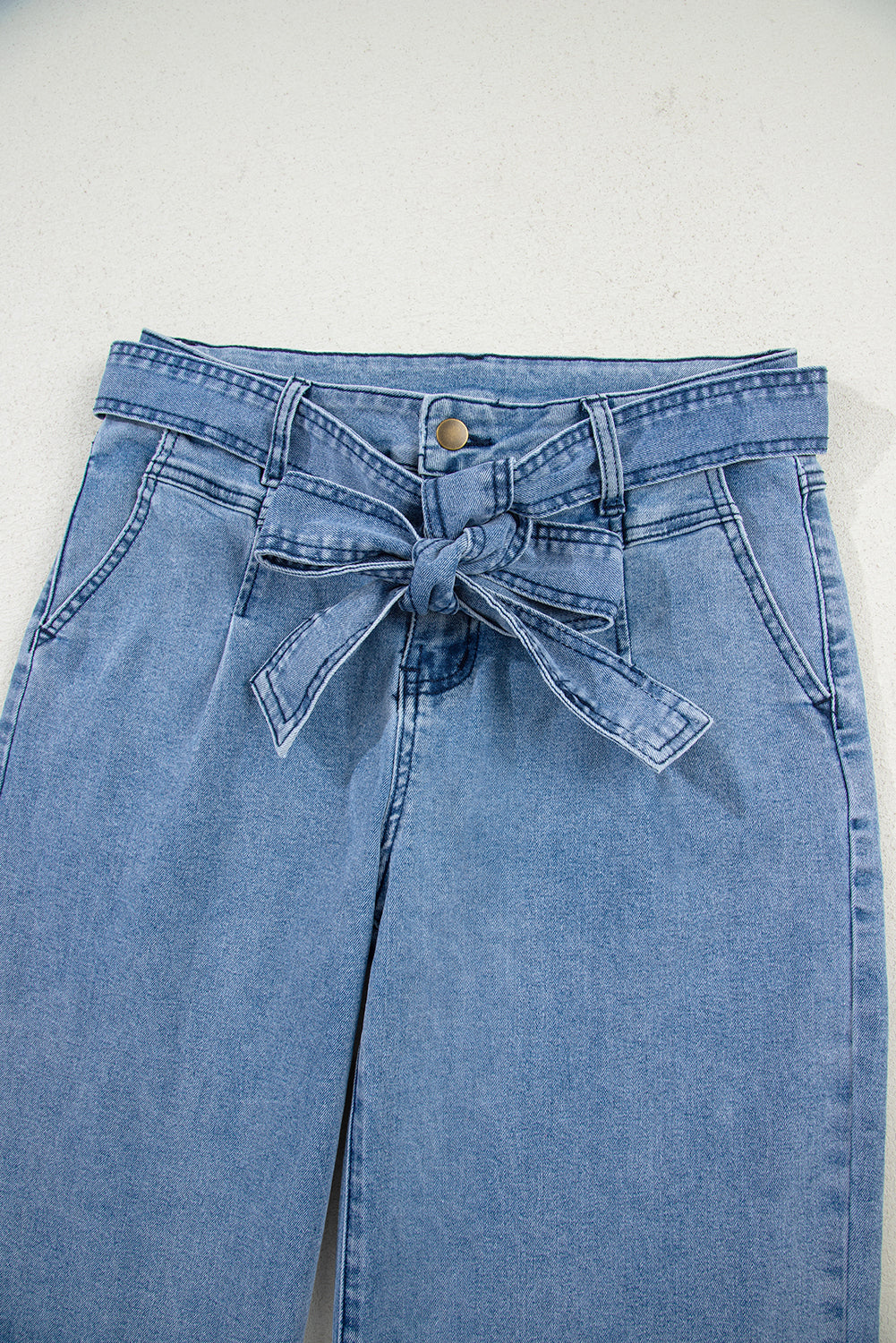 Beau Blue Western Washed Bow Knot Sash Wide Leg Jeans