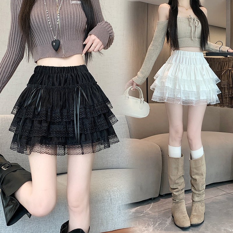 Ballet Style Lace Skirt High Waist Bow