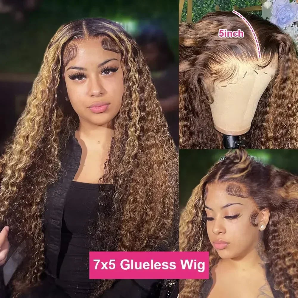 Highlight Human Hair Colored Curly Wigs