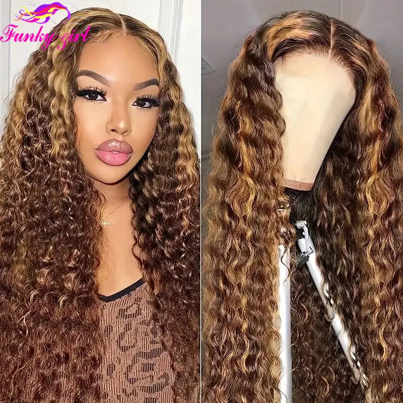Honey Blonde Water Wave Lace Front Curly Wigs