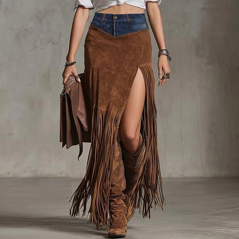 Women's Fashion Patchwork Maxi Skirt With Fringe Hem And High Side Slit Western Style Boho Skirt For Vacation