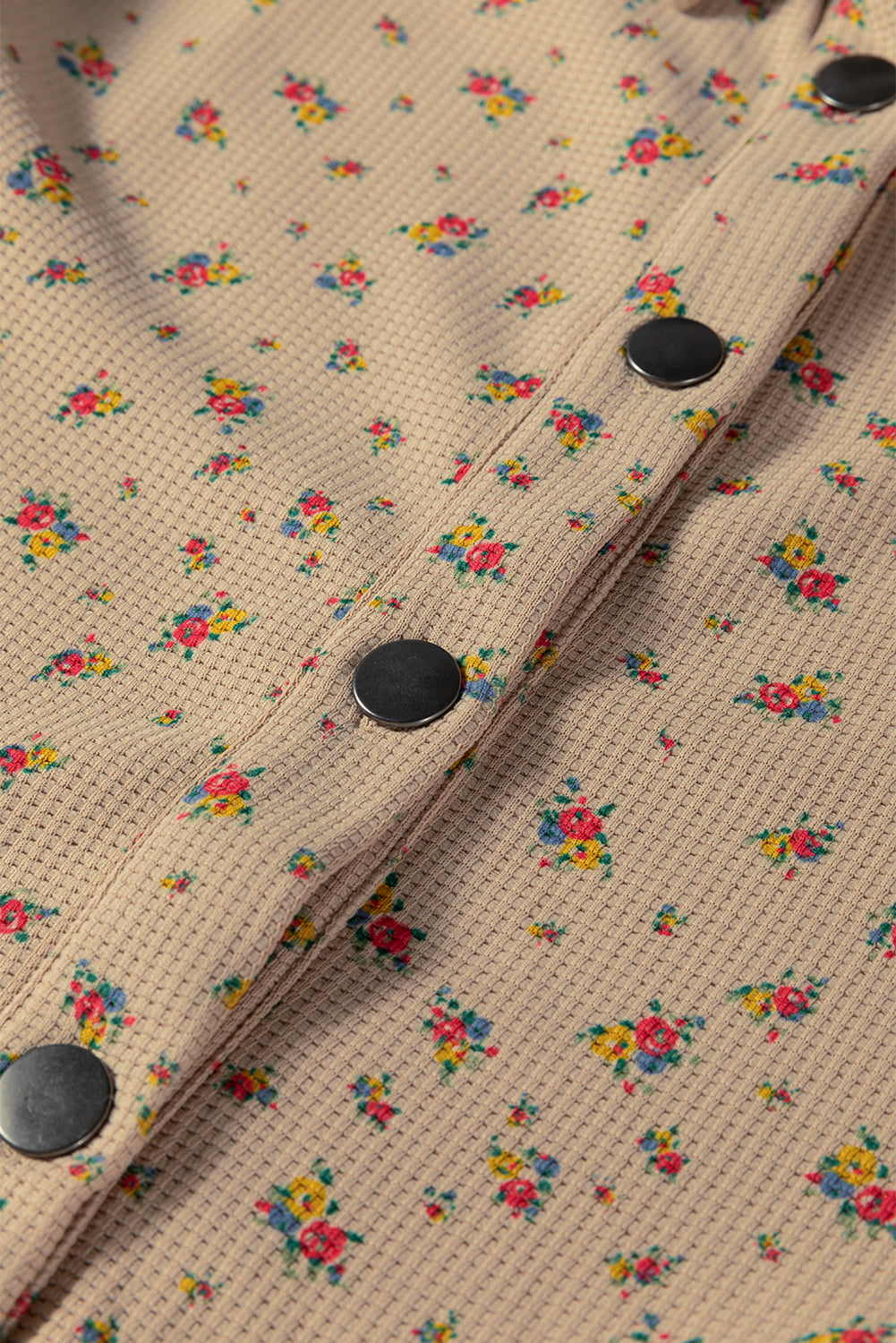 Oatmeal Boho Floral Plaid Patchwork Distressed Detail Ruffled Sleeve Waffle Knit Shacket