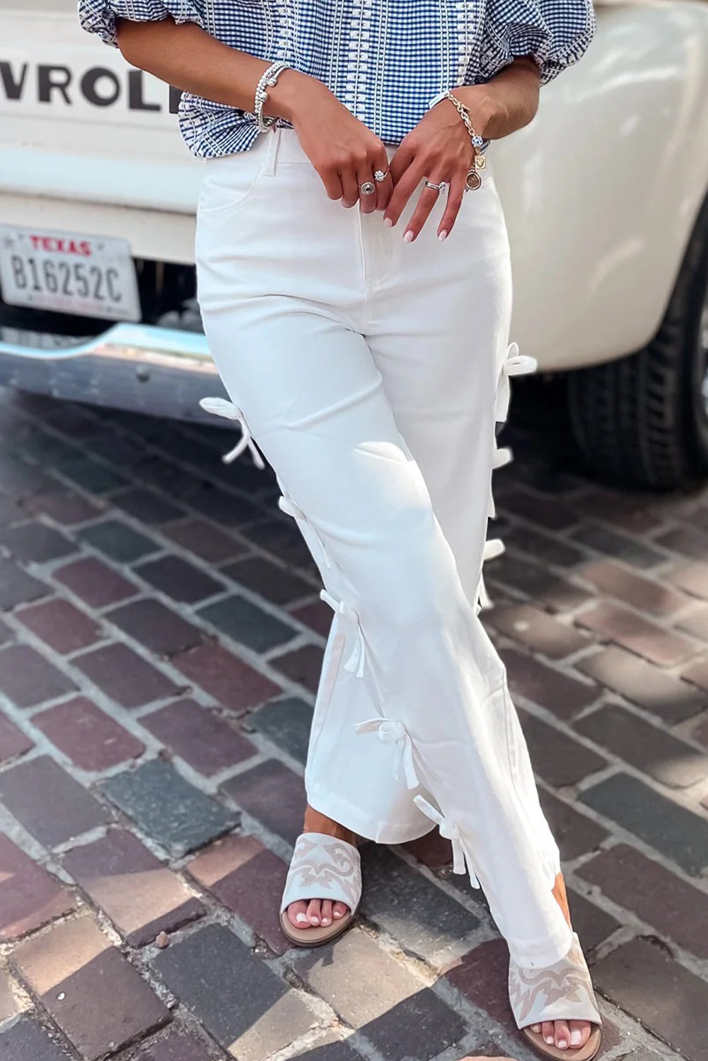 White Bow Knot Side Detail Straight Leg Loose Jeans