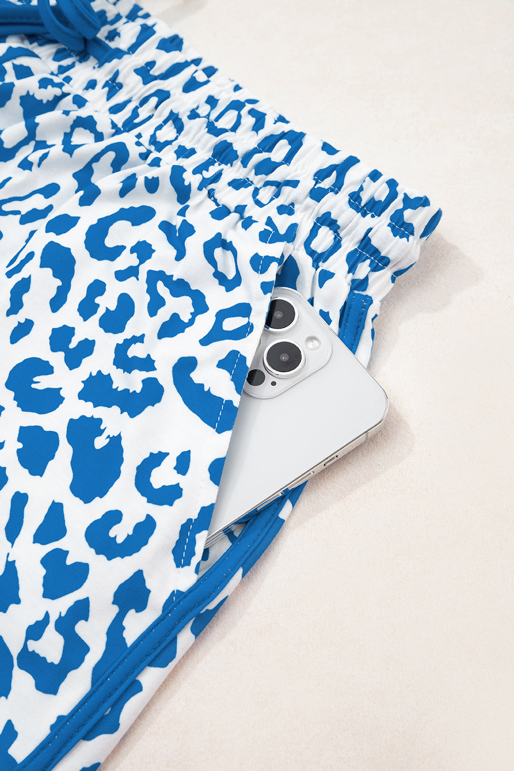 Blue Leopard Elastic Waistband Lace up Contrast Trim Casual Shorts