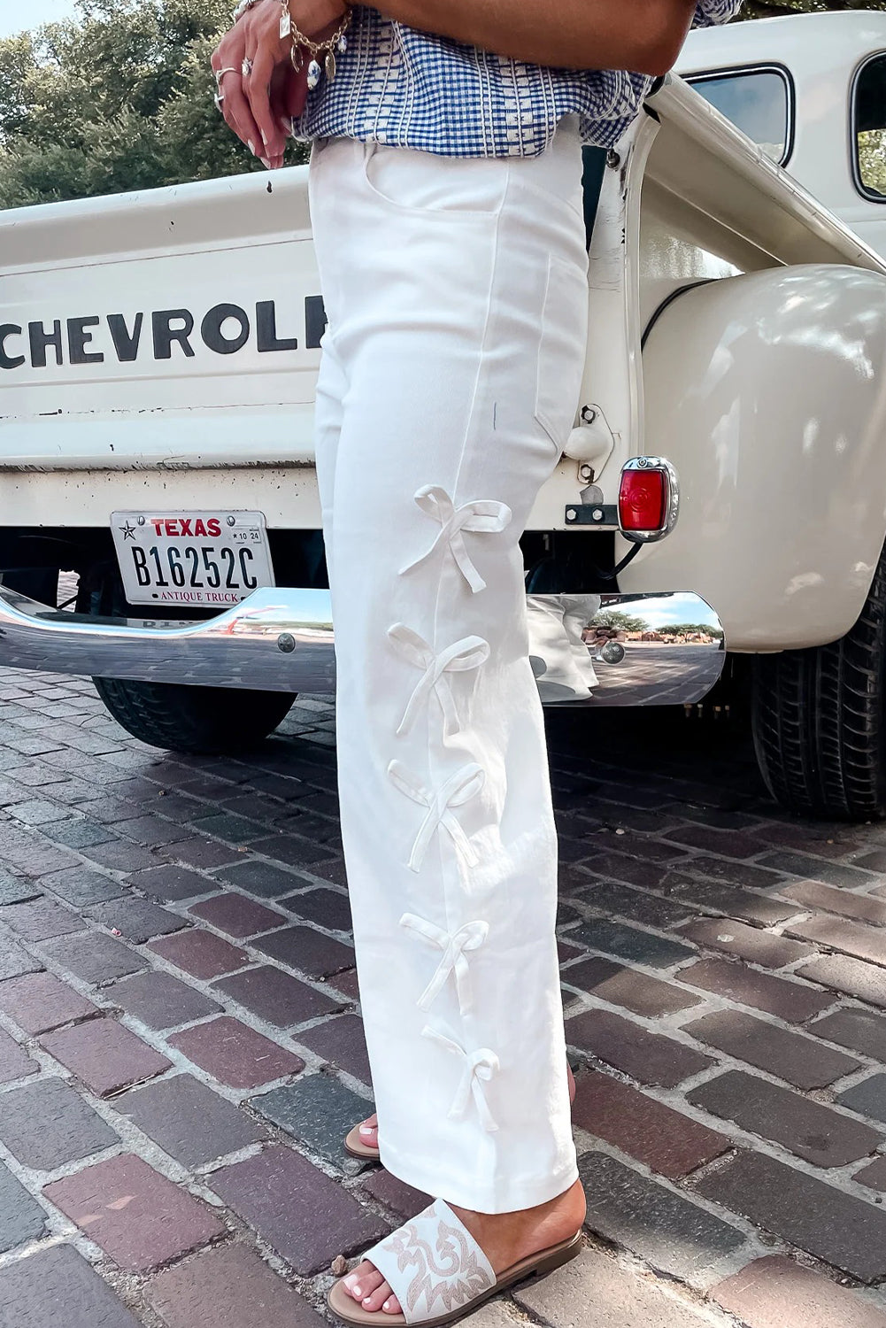 White Bow Knot Side Detail Straight Leg Loose Jeans